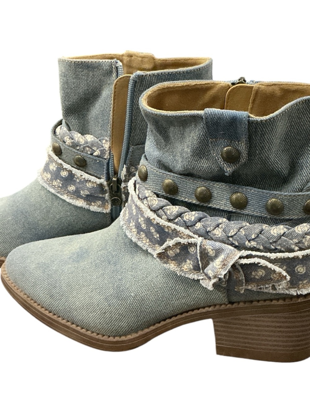 Malibu Denim Braided Studded Ankle Boots - Blue
